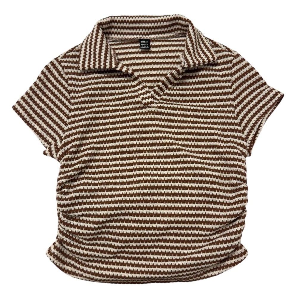 SHEIN Brown & White Cropped Short Sleeve Polo Shirt
